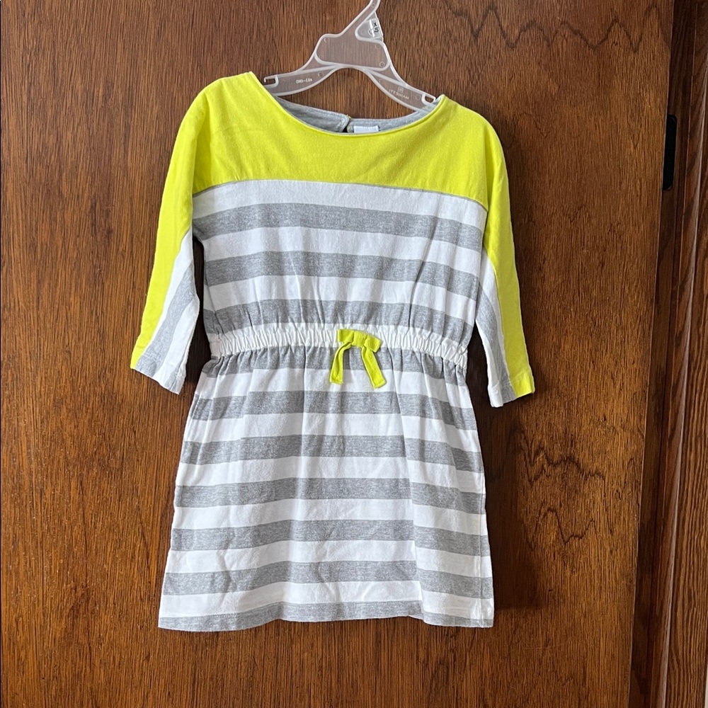 Gymboree Bright Green/Yellow and Gray Striped Dress 3/4 sleeves
